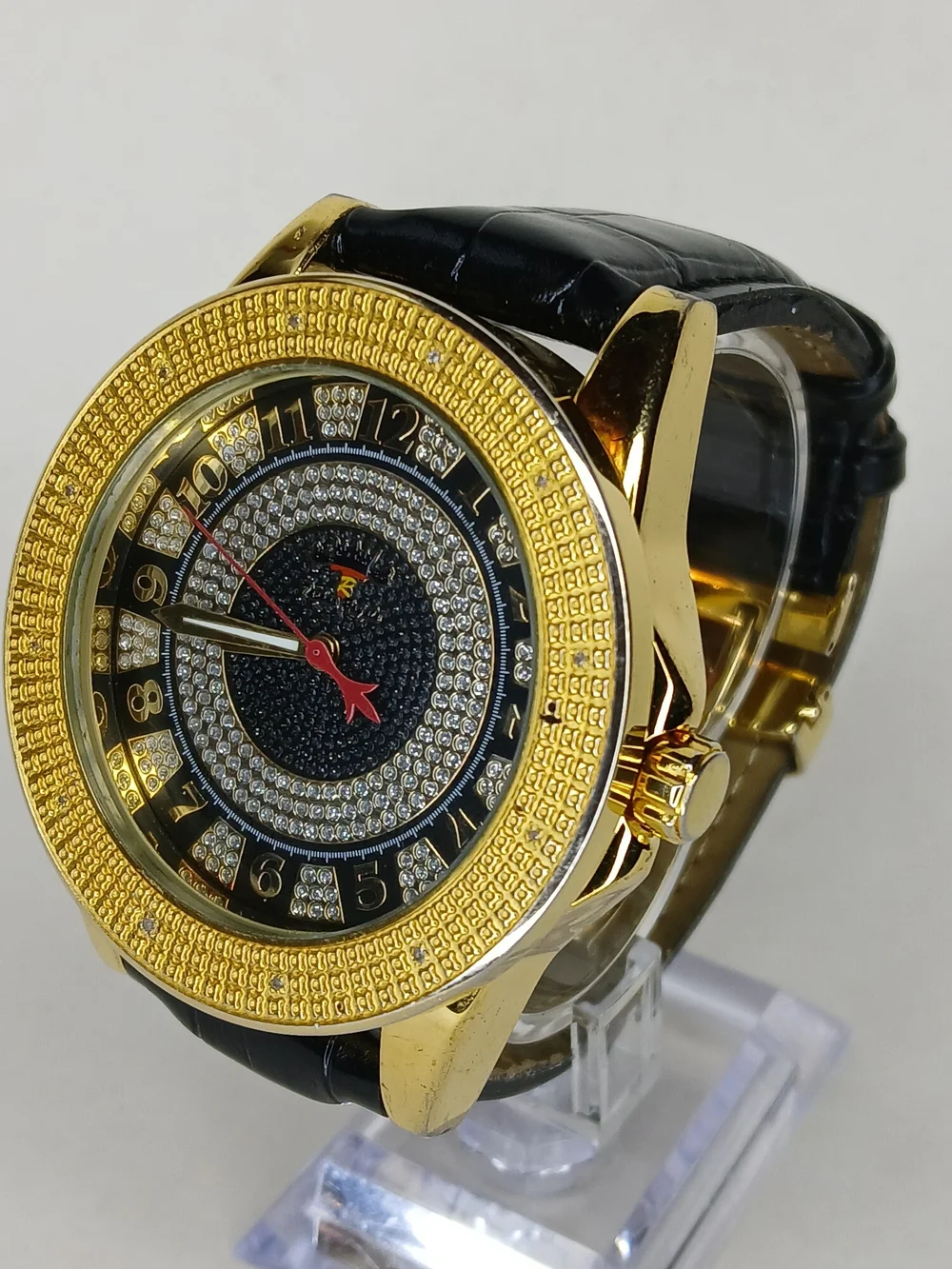 Techno Royale Mens Watch Gold Tone Case Genuine Diamond Bezel Black Leather...
